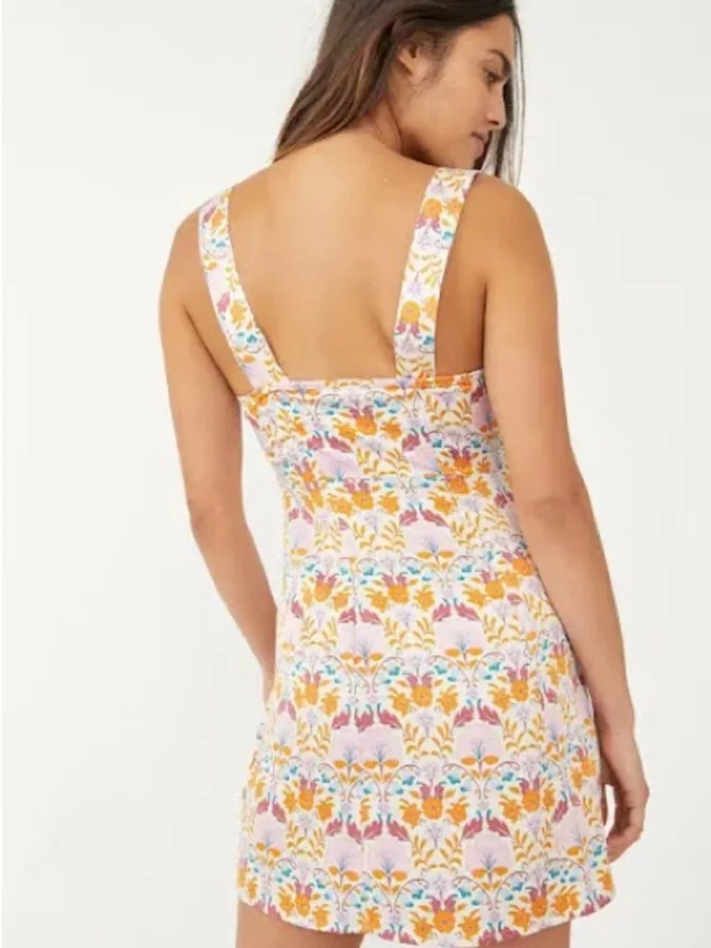 Free People White Floral Mini Dress with Pink and Orange Accents